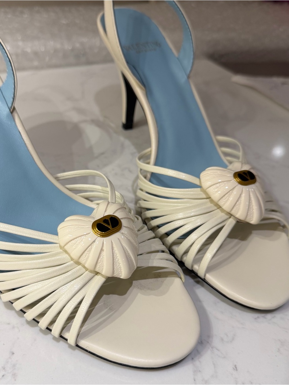 Ivory Strappy Slingback Heels with Heart Detail